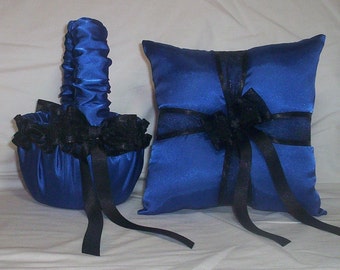 Blue Horizon Satin With Black Lace Trim Flower Girl Basket And Ring Bearer Pillow Set 1