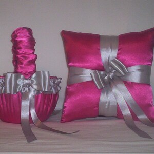 Fuchsia Hot Pink Satin With Silver Trim Flower Girl Basket And Ring Bearer Pillow Set 2 image 1