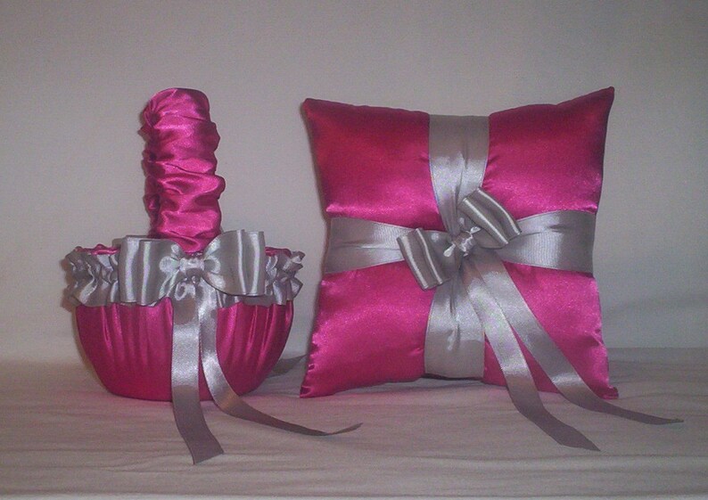 Fuchsia Hot Pink Satin With Silver Trim Flower Girl Basket And Ring Bearer Pillow Set 2 image 1