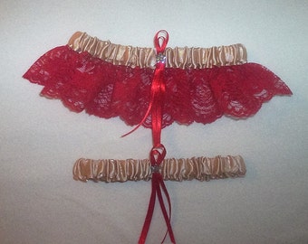 Champagne Satin /  Red Lace - 2 Piece Wedding Garter Set - 1 To Keep / 1 To Throw