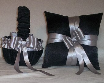 Black Satin With Silver Ribbon Trim  Flower Girl Basket And Ring Bearer Pillow Set 5