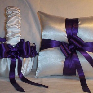 White Satin With Regency Purple Satin Ribbon Trim Flower Girl Basket And Ring Bearer Pillow image 1