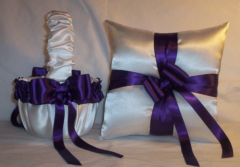 White Satin With Regency Purple Satin Ribbon Trim Flower Girl Basket And Ring Bearer Pillow image 1