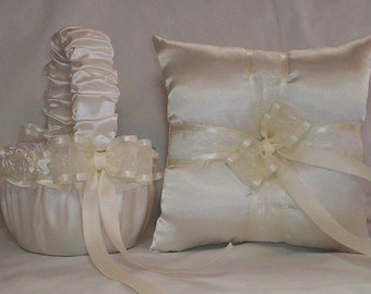 Ivory Cream Satin With Ivory Cream  Ribbon Trim Flower Girl Basket And Ring Bearer Pillow Set 2