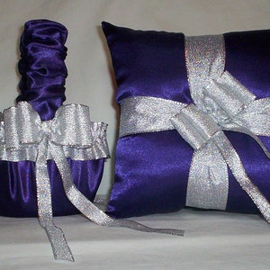 Purple Satin With Silver Metalic Ribbon Trim Flower Girl Basket And Ring Bearer Pillow Set 1 image 1