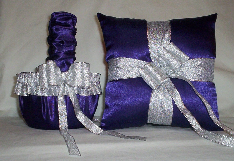 Purple Satin With Silver Metalic Ribbon Trim Flower Girl Basket And Ring Bearer Pillow Set 1 image 1