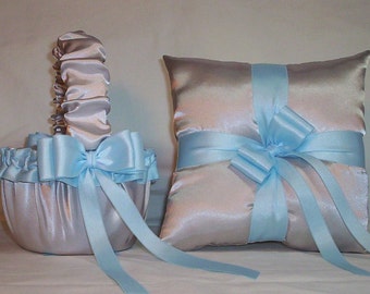 Silver Satin With Light Blue / Sky Blue Ribbon Trim Flower Girl Basket And Ring Bearer Pillow