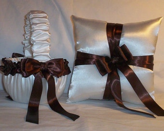 White Satin With Brown Ribbon Trim Flower Girl Basket And Ring Bearer Pillow Set 1