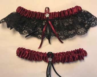 Burgundy Satin / Black Lace - 2 Piece Wedding Garter Set - 1 To Keep / 1 To Throw