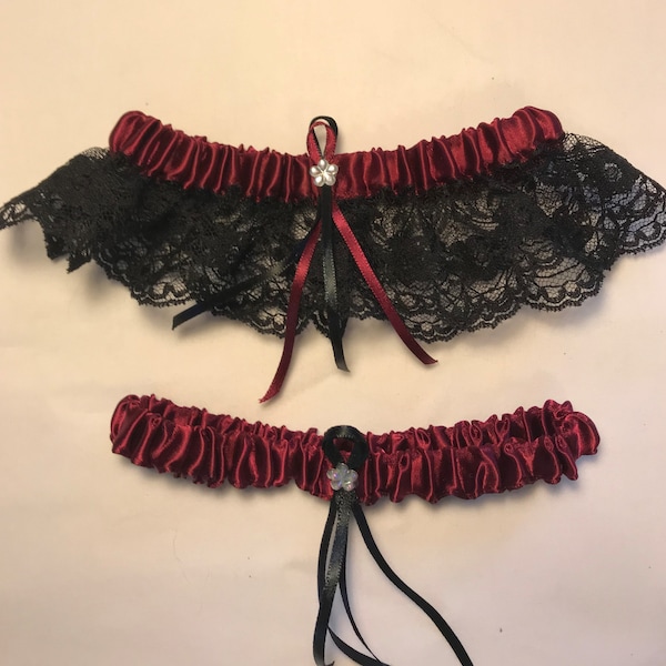 Burgundy Satin / Black Lace - 2 Piece Wedding Garter Set - 1 To Keep / 1 To Throw