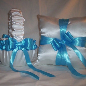 White Satin With Turquoise Ribbon Trim Flower Girl Basket And Ring Bearer Pillow Set 1 image 1