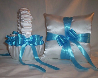 White Satin With Turquoise Ribbon Trim Flower Girl Basket And Ring Bearer Pillow Set 1