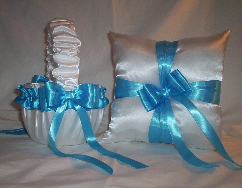 White Satin With Turquoise Ribbon Trim Flower Girl Basket And Ring Bearer Pillow Set 1 image 1