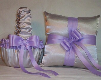 Silver Satin With Lavender Ribbon Trim Flower Girl Basket And Ring Bearer Pillow