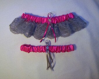 Fuchsia Satin / Silver Lace - 2 Piece Wedding Garter Set - 1 To Keep / 1 To Throw