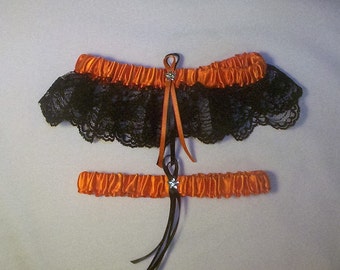 Orange Satin / Black Lace - 2 Piece Wedding Garter Set - 1 To Keep / 1 To Throw