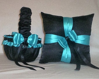 Black Satin With Turquoise  Blue Ribbon Trim  Flower Girl Basket And Ring Bearer Pillow  Set   4