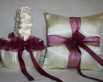 Ivory Cream With Burgandy Ribbon Trim Flower Girl Basket And Ring Bearer Pillow Set 1