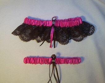 Fuchsia Satin / Chocolate Brown Lace - 2 Piece Wedding Garter Set - 1 To Keep / 1 To Throw