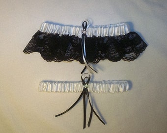 White Satin / Black Lace - 2 Piece Wedding Garter Set - 1 To Keep / 1 To Throw