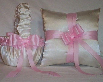 Ivory Cream Satin With Light Pink Ribbon  Flower Girl Basket And Ring Bearer Pillow Set 1