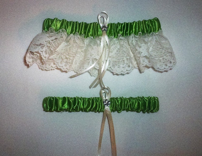 Apple Green Satin / Ivory Cream Lace 2 Piece Wedding Garter Set 1 To Keep / 1 To Throw image 1