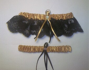 Gold Satin / Black Lace - 2 Piece Wedding Garter Set - 1 To Keep / 1 To Throw