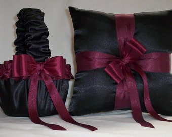 Black Satin With Burgandy Ribbon Trim  Flower Girl Basket And Ring Bearer Pillow