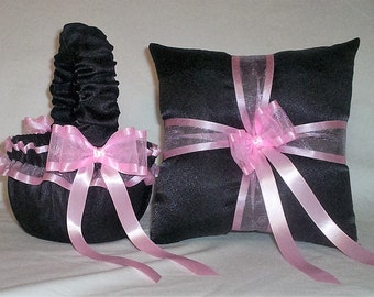 Black Satin With Light Pink Ribbon Trim  Flower Girl Basket And Ring Bearer Pillow Set 3