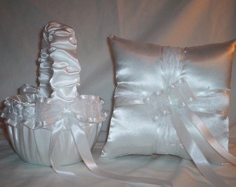 White Satin With White Ribbon Trim Flower Girl Basket And Ring Bearer Pillow Set 3