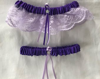 Purple Satin / Lavender Lace - 2 Piece Wedding Garter Set - 1 To Keep / 1 To Throw