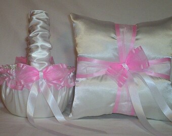 White Satin With Light Pink Ribbon Trim Flower Girl Basket And Ring Bearer Pillow Set 3