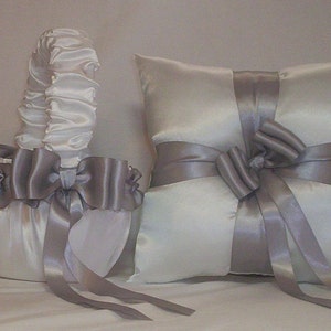 White Satin With Silver Ribbon Trim Flower Girl Basket And Ring Bearer Pillow Set 5 image 1