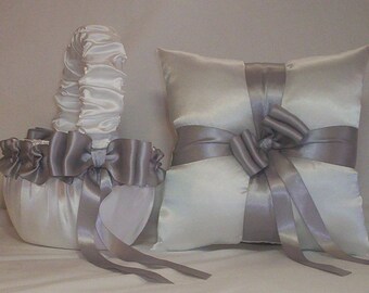 White Satin With Silver  Ribbon Trim Flower Girl Basket And Ring Bearer Pillow Set 5