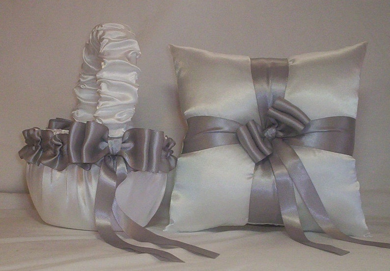 White Satin With Silver Ribbon Trim Flower Girl Basket And Ring Bearer Pillow Set 5 image 1