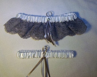 White Satin / Silver Lace - 2 Piece Wedding Garter Set - 1 To Keep / 1 To Throw