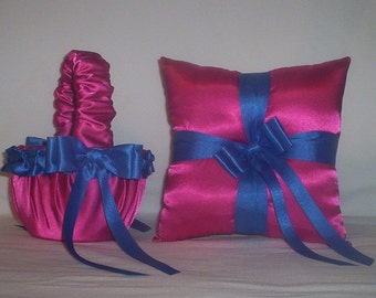 Fuchsia Hot Pink Satin With Horizon Ribbon Trim Flower Girl Basket And Ring Bearer Pillow