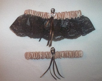 Champagne Satin /  Chocolate Brown Lace - 2 Piece Wedding Garter Set - 1 To Keep / 1 To Throw