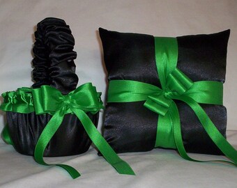 Black Satin With Kelly Green Trim  Flower Girl Basket And Ring Bearer Pillow