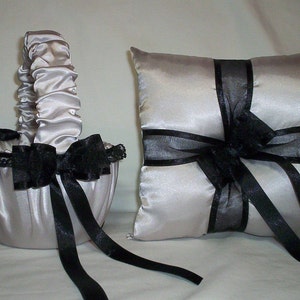 Silver Satin With Black Lace Trim Flower Girl Basket And Ring Bearer Pillow Set 1 image 1