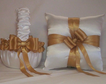 White Satin With Gold  Ribbon Trim Flower Girl Basket And Ring Bearer Pillow Set 4