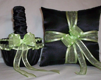 Black Satin With Light Green Mint (Lime) Trim  Flower Girl Basket And Ring Bearer Pillow