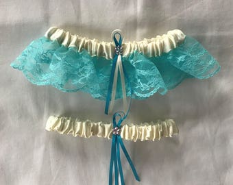 Ivory Cream Satin / Turquoise Lace - 2 Piece Wedding Garter Set - 1 To Keep / 1 To Throw