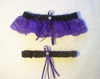 Black Satin / Purple Lace - 2 Piece Wedding Garter Set - 1 To Keep / 1 To Throw