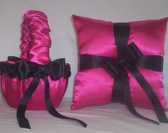 Fuchsia Hot Pink Satin With Black Lace  Flower Girl Basket And Ring Bearer Pillow Set 2