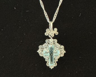 Blue Topaz Cross Pendant Sterling Silver Filigree with Diamond Accents Necklace