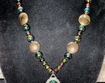 Colorful Glass Bead Statement Necklace with Large Faceted Pendant, Gold Tone Discs