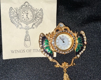 Edgar Berebi Wings of Time Watch Brooch – Vintage Designer Clock Pin Limited Edition Jewelry