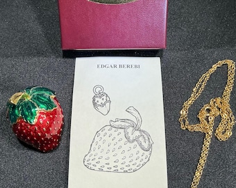 Edgar Berebi Limited Edition Strawberry Trinket Box & Pendant Necklace Set, Signed Enamel Fruit Box w/ COA