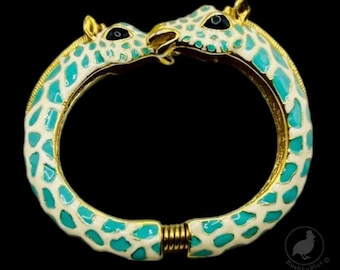 Vintage Kenneth Jay Lane KJL Turquoise & White Enamel Double Giraffe Clamper Bracelet